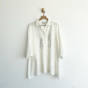Linea Louis Dell'Olio Gauze Crepe Swing Shirt Sequin Embellishments Ivory Small
